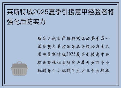 莱斯特城2025夏季引援意甲经验老将强化后防实力