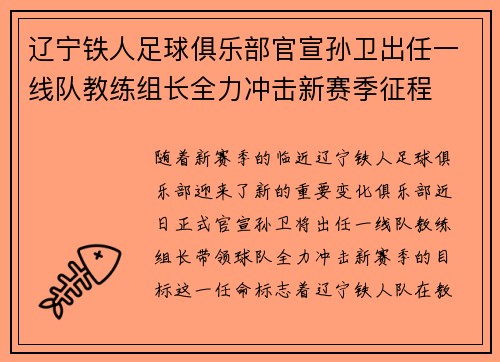 辽宁铁人足球俱乐部官宣孙卫出任一线队教练组长全力冲击新赛季征程