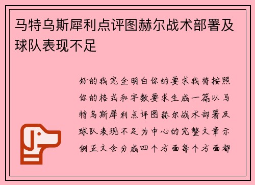 马特乌斯犀利点评图赫尔战术部署及球队表现不足